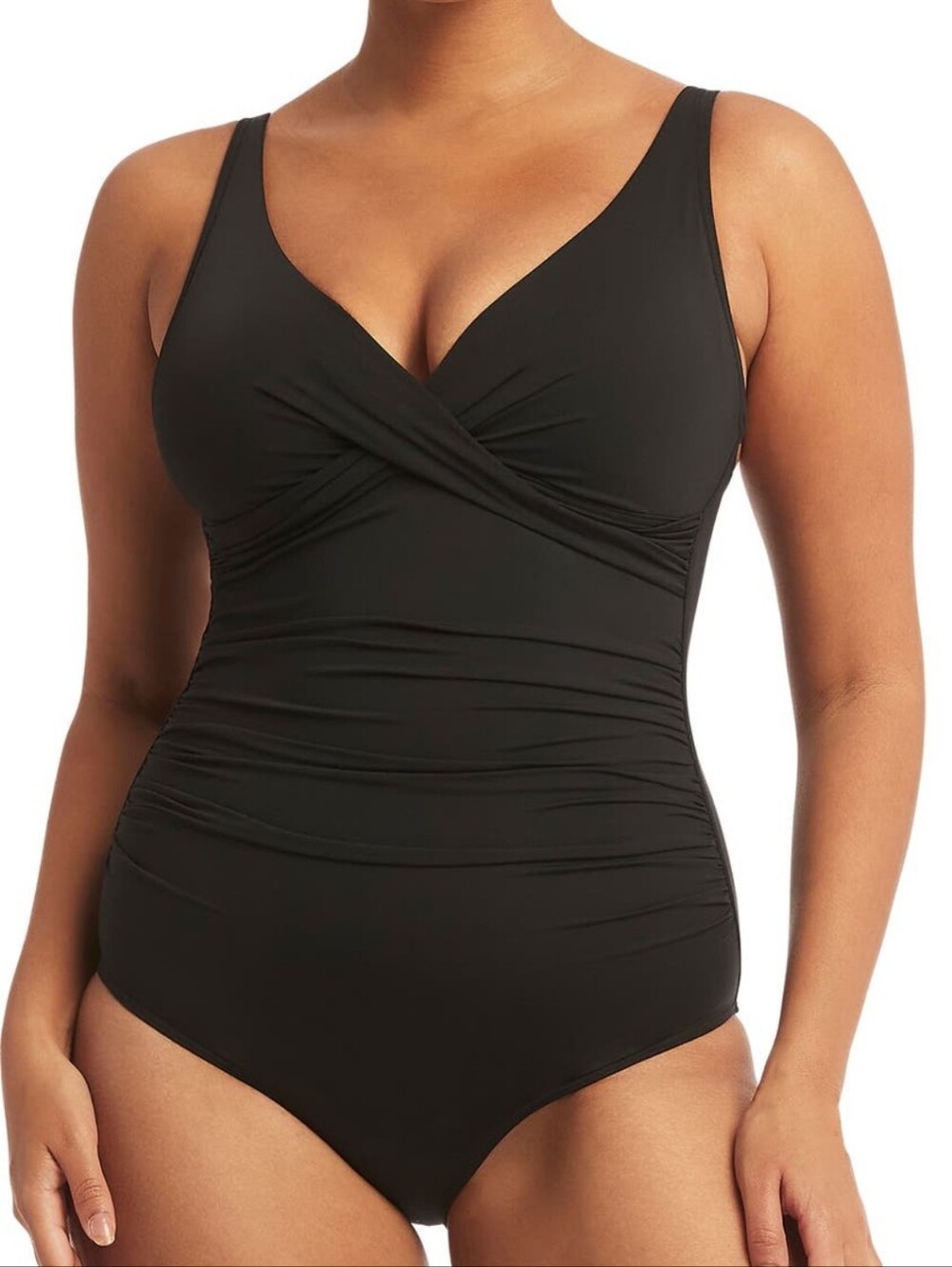 Sea Level Swim NWT Cross Front V Neck Full Coverage Black One Piece Swim 16
